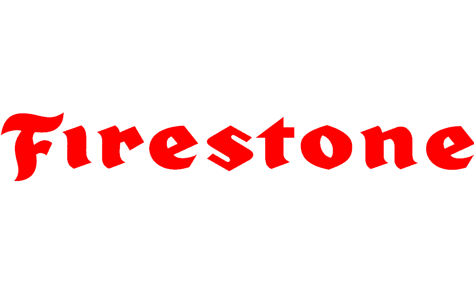 The image displays the word "Firestone" in bold, red, Gothic-style lettering on a light gray background, evoking the trusted quality of a roofing contractor Suffolk County residents rely on.