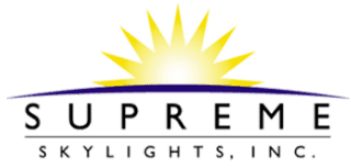 Logo for Supreme Skylights, Inc. featuring a stylized yellow sun with rays above a curved dark line, with the company name in bold black letters—perfect for a home improvement Suffolk County, NY roofing contractor.