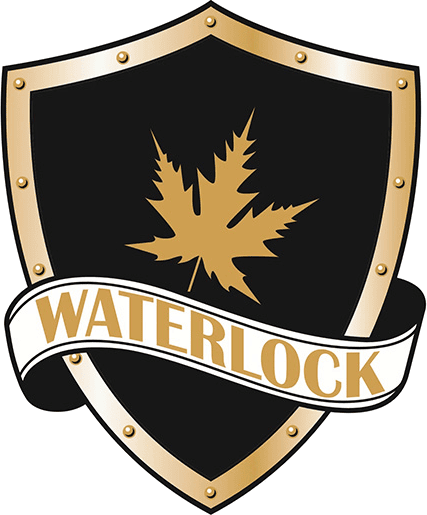 A black and gold shield featuring a gold maple leaf in the center, with a white banner across the bottom displaying "WATERLOCK" in gold—perfect for a trusted roofing contractor Suffolk County, NY specializing in quality home improvement.